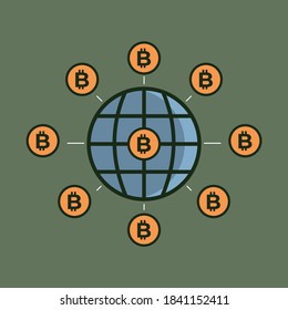 Bitcoin cryptocurrency are taking over the world. Bitcoin world vector illustration. Global crypto icon