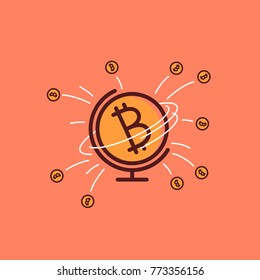 Bitcoin cryptocurrency are taking over the world. World wide economy system. Bitcoin record value 2017 / 2018. Vector illustration. Flat icon