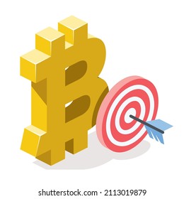 Bitcoin cryptocurrency target. Vector 3d line isometric, color web icons, new flat style. Creative design idea for infographics.