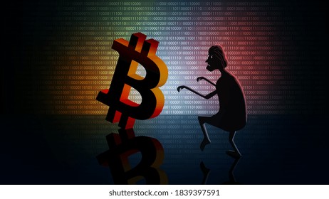 Bitcoin cryptocurrency theft concept with a silhouette of a thief sneaking towards a coin on a dark digital background. Vector EPS10.