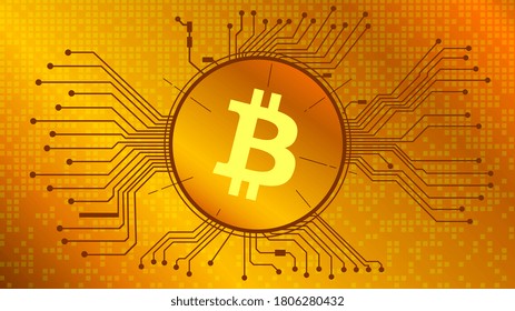 Bitcoin cryptocurrency token symbol, BTC coin icon in circle with pcb on gold background. Digital gold in techno style for website or banner. Vector EPS10.