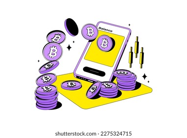 Bitcoin or cryptocurrency trading platform with big profit. Isolated. Trade crypto mobile.Coin transaction illustration in modern style