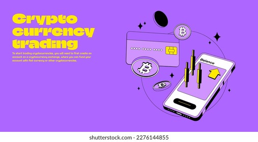 Bitcoin or cryptocurrency trading platform with big profit. Crypto and credit card.Coin transaction illustration with yellow and purple color in modern style. Isometric