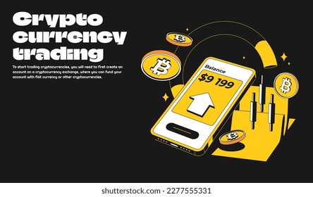 Plataforma de comercio de bitcoin o criptodivisa con grandes beneficios y candelabros. Crypto mobile.Coin ilustración de transacción con color negro y amarillo en estilo moderno. Isometric