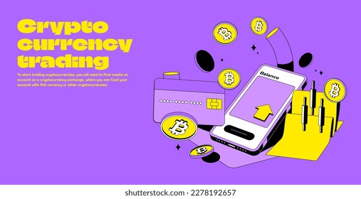 Bitcoin or cryptocurrency trading platform with big profit. Crypto and credit card.Coin transaction illustration with yellow and purple color in modern style. Isometric