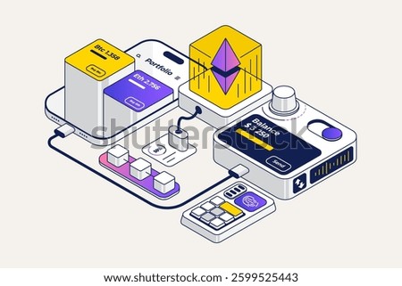 Bitcoin or cryptocurrency trading platform. Blockchain and phone mobile. Trade crypto mobile.Coin transaction illustration in modern style. Vector isometric illustration