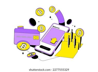 Bitcoin or cryptocurrency trading platform with credit card, candlestick and phone mobile. Trade crypto mobile.Coin transaction illustration in modern style. Isometric