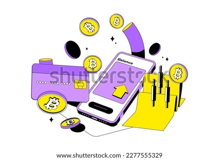 Bitcoin or cryptocurrency trading platform with credit card, candlestick and phone mobile. Trade crypto mobile.Coin transaction illustration in modern style. Isometric