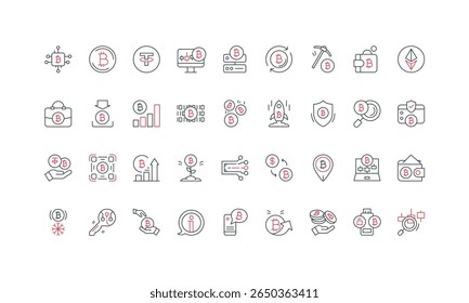 Bitcoin, transferência e troca de criptomoedas, comércio e cripto conjunto de ícones de linha de mineração. Dinheiro digital alternativo, blockchain, carteira quente e fria finos símbolos de contorno preto e vermelho ilustração vetorial