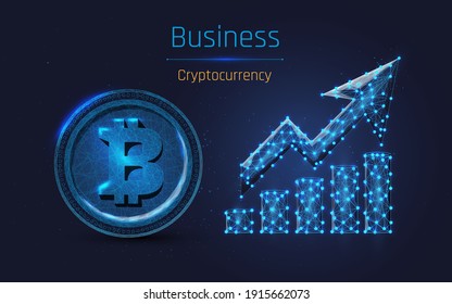 Bitcoin cryptocurrency with upward growth chart. Digital currency trading. wireframe style. Stock vector illustration on a blue background.plexus. vector illustration, dot, low poly,