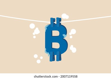 Bitcoin and cryptocurrency using for money laundering or payment in dark market, financial crime or criminal ransom pay concept, drying B alphabet with pegs as Bitcoin symbol after laundering.