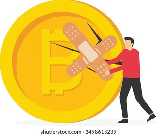 Bitcoin and cryptocurrency value return after crash or collapse, rescue or fix Bitcoin trading concept, confidence businessman investor or trader with damaged cracked down Bitcoin bandage repair.

