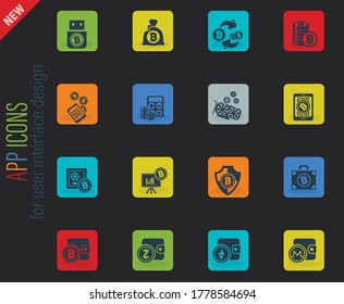Bitcoin and cryptocurrency vector color web icons on dark background for user interface design