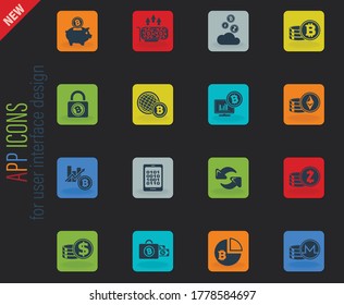 Bitcoin and cryptocurrency vector color web icons on dark background for user interface design
