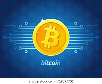 Bitcoin cryptocurrency. Vector illustration of a flat golden Bitcoin on a digital dark blue background. Isolated on background.