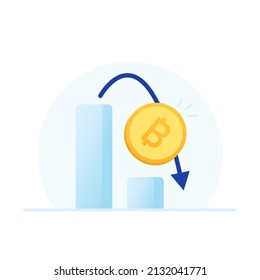 vector criptodivisa de bitcoin. Desplome del precio de bitcoin. Gráfica de bitcoin cayendo. Ilustración vectorial.