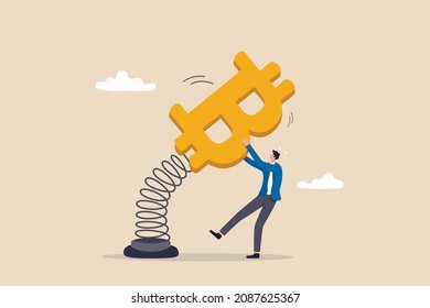 Bitcoin and cryptocurrency volatility, investment and speculation risk, price fluctuation and uncertainty, crypto value swing up and down, businessman trader holding swing unstable Bitcoin symbol.