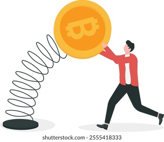 Bitcoin and cryptocurrency volatility, investment and speculation risk, price fluctuation and uncertainty, crypto value swing up and down, businessman trader holding swing unstable Bitcoin symbol.
