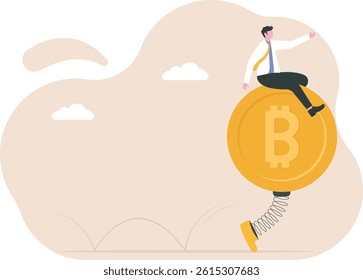 Bitcoin and cryptocurrency volatility, investment and speculation risk, price fluctuation and uncertainty, crypto value swing up and down, businessman trader holding swing unstable Bitcoin symbol.

