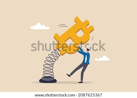 Bitcoin and cryptocurrency volatility, investment and speculation risk, price fluctuation and uncertainty, crypto value swing up and down, businessman trader holding swing unstable Bitcoin symbol.