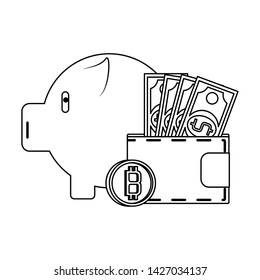 Bitcoin cryptocurrency wallet and coin with piggy bank symbols vector illustration graphic design