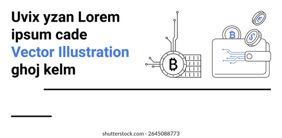 Bitcoin and cryptocurrency wallet with digital coins, blockchain network, technology interface. Ideal for finance, fintech, digital currencies, blockchain, tech startups, e-commerce, data security