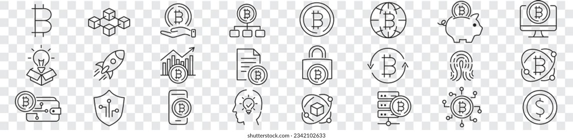 Bitcoin cryptocurrency web blockchain NFT wallet exchange transaction editable stroke icons set vector illustration