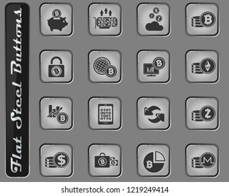 Bitcoin and cryptocurrency web icons on the flat steel buttons