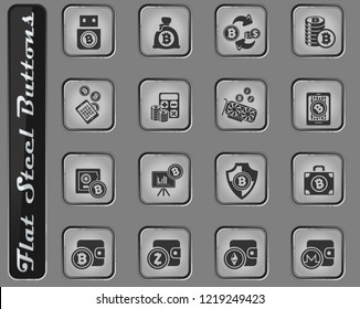 Bitcoin and cryptocurrency web icons on the flat steel buttons