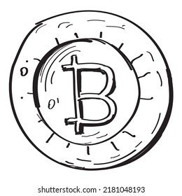 Bitcoin cryptocurrency, which is a modern virtual decentralized digital currency (virtual coin). Vector image, which is sketch or hand drawn, doodle style drawing.