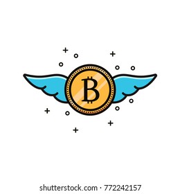 Bitcoin cryptocurrency  with wings flat color line icon. Vector illustration of gold bit coin currency on isolated background. Vitrtual or digital money symbol, sign, image, emblem, logo, element.