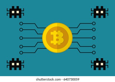 Bitcoin cryptographic currency under malware attack flat design vector