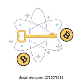 Bitcoin criptografía clave concepto de ilustración 2D. Criptomoneda cifrada. Protección digital de criptomonedas. Composición de dibujos animados de cifrado BTC aislada en blanco. Metáfora de Vector abstracto plano