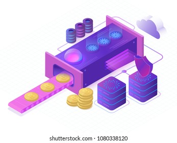 Bitcoin Cryptomining Farm Konzept.  Blockchain-Konzept des Minings von virtuellem Geld. Vorlage für Zielseite. 3d isometrische Vektorgrafik.