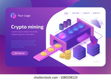 Bitcoin Cryptomining Farm Concept.  Blockchain Concept Of Mining Virtual Money. Landing Page Template. 3d Isometric Vector Illustration.