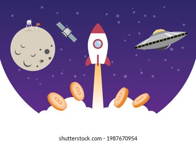 Bitcoin crytocurrency fly to the moon, Vector illustration in flat style