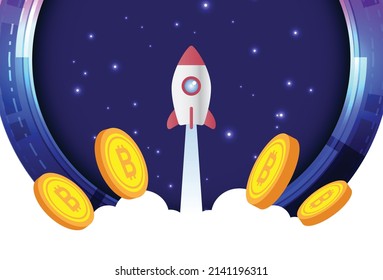 Bitcoin Crytocurrency Fly To The Moon, Vector Illustration In Flat Style