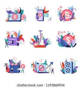 Bitcoin currency and blockchain technologies isolated set vector