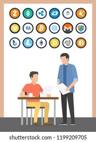 Bitcoin currency boss and employee people, set of cryptocurrencies vector. Bitshare and monero, blockchain technology and business start up in office