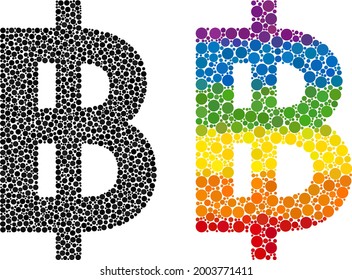 Bitcoin currency composition icon of spheric dots in different sizes and spectrum color tones. A dotted LGBT-colored bitcoin currency for lesbians, gays, bisexuals, and transgenders.