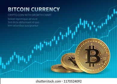Bitcoin currency. Crypto coin with growth chart. International stock exchange. Network bitcoin marketing vector banner. Illustration of chart exchange currency crypto