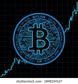 Bitcoin currency. Crypto coin with growth chart. International stock exchange. Network bitcoin marketing vector banner. Illustration of chart exchange currency crypto