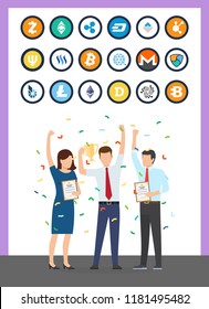 Bitcoin currency cryptocurrency isolated icons vector. Successful start up and financial profit of people celebrating. Monero and dogecoin litecoin