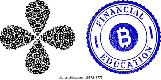 Bitcoin currency curl flower with four petals, and blue round FINANCIAL EDUCATION rubber stamp imitation with icon inside. Object curl designed from oriented bitcoin currency symbols.