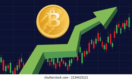 Bitcoin currency going up. Bitcoin on green graphic vector illustration