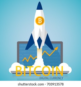 Bitcoin currency growth concept with rocket and computer. Pump cryptocurrency. Flat style vector illustration.