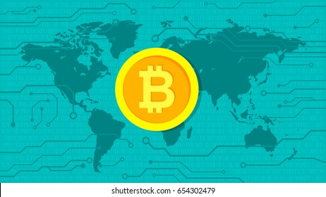 Bitcoin currency. Bitcoin icon on background world map and circuit board. Web banner. Vector illustration. EPS 10.