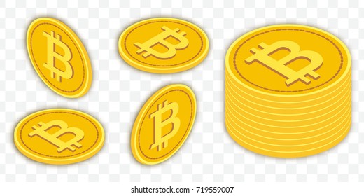 Bitcoin currency isolated on transparent background, vector illustration. Stack of golden coins, virtual crypto money. Virtual money, different angles isometric coin.