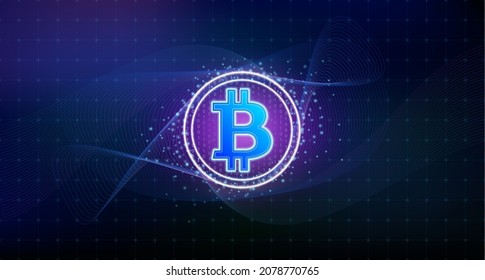 Bitcoin currency. On blockchain technology background. Electronic crypto currency modern technology. Online bank and financial communications futuristic. ​International stock exchange. 3D Vector.