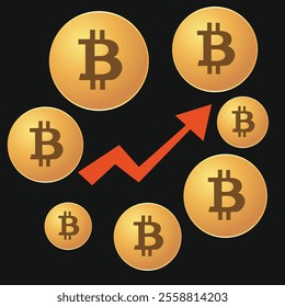 Bitcoin currency is on the rise. Bitcoin coin with growing chart. Vector illustration.